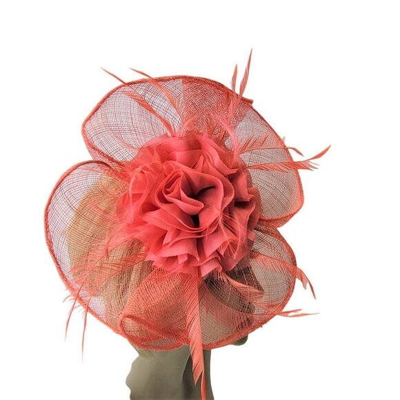 Coral Pink Fascinator Floral Rosette and Coral Feathers - Picture 3 of 10